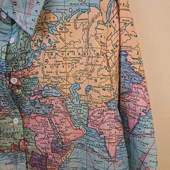 MissLook Novelty World Map Print Linen Button Down Shirt Size 3X - Picture 4 of 7